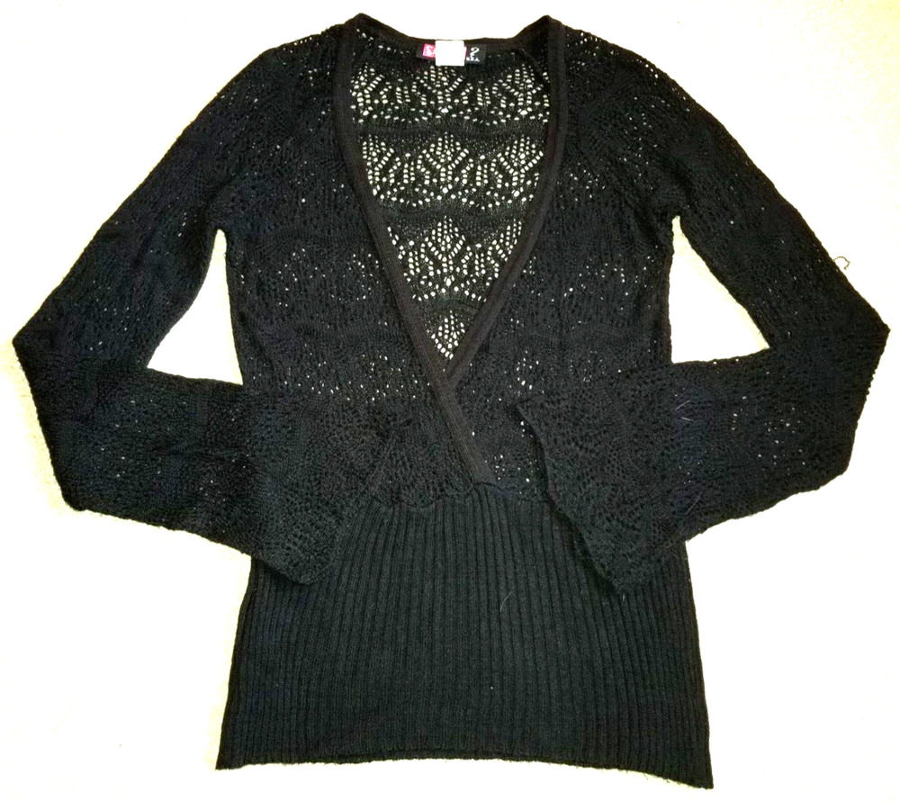 VINTAGE Y2K Womens Sweater-SAY WHAT?-black crochet wrap v Grunge Whimsigoth-S